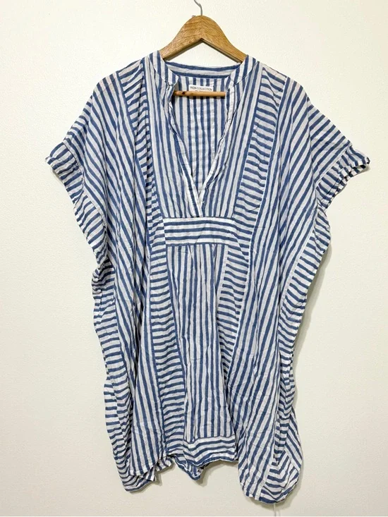 EMERSON FRY India OS S M L Ocean Blue Stripe Short Caftan Coverup Dress - Picture 2 of 10